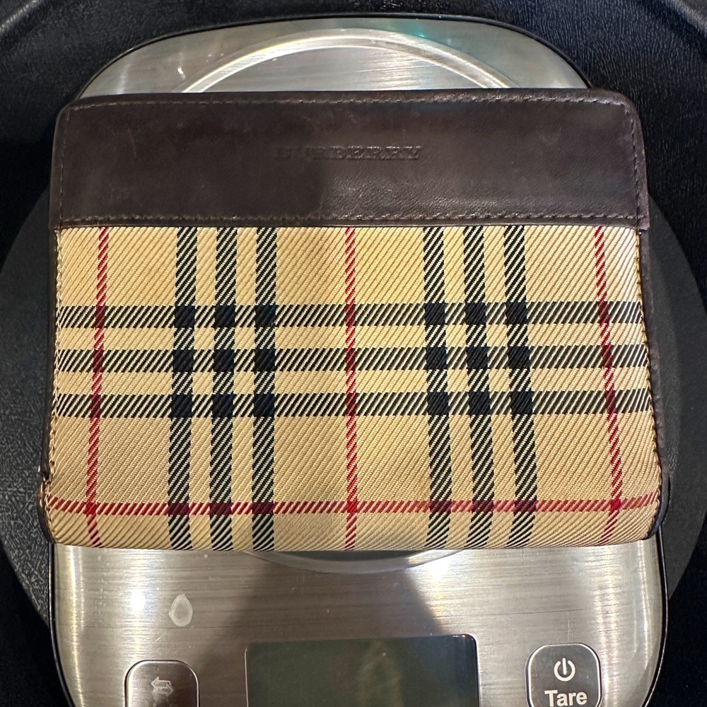 Vintage Burberry Bifold Kisslock House Check Canvas Brown Leather Trim Wallet